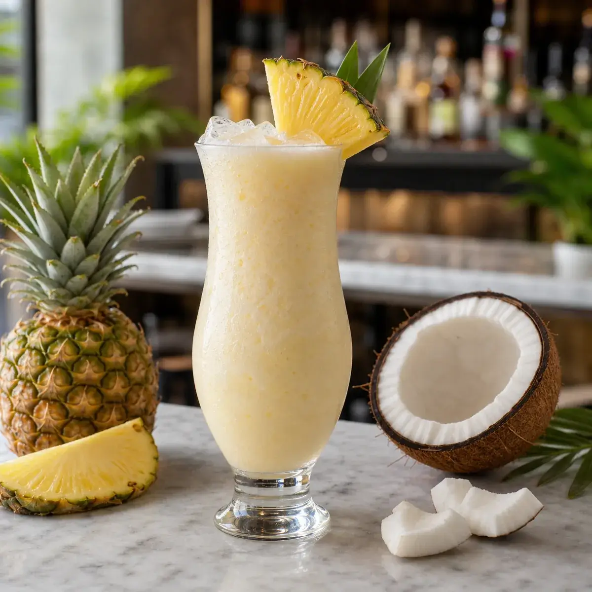 Mocktail de pina colada sin alcohol con pulpa Pulpamia en vaso de bar