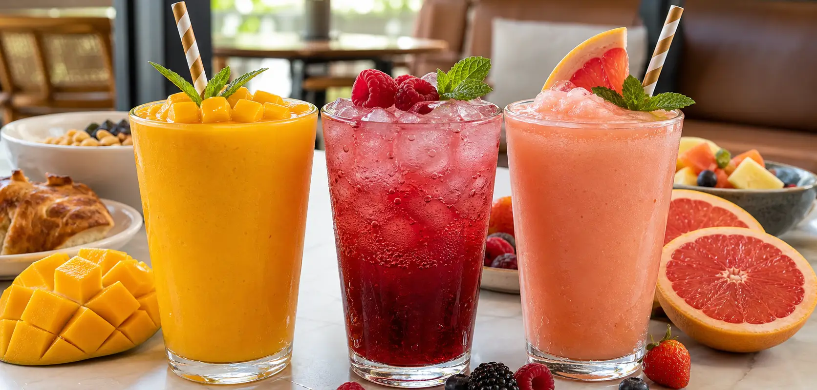 Pulpa para brunch Pulpamia en bebidas frescas de mango frambuesa y toronja