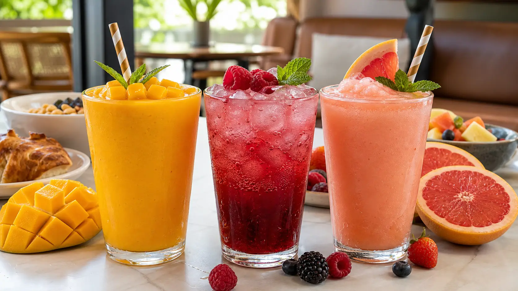 Pulpa para brunch Pulpamia en bebidas frescas de mango frambuesa y toronja