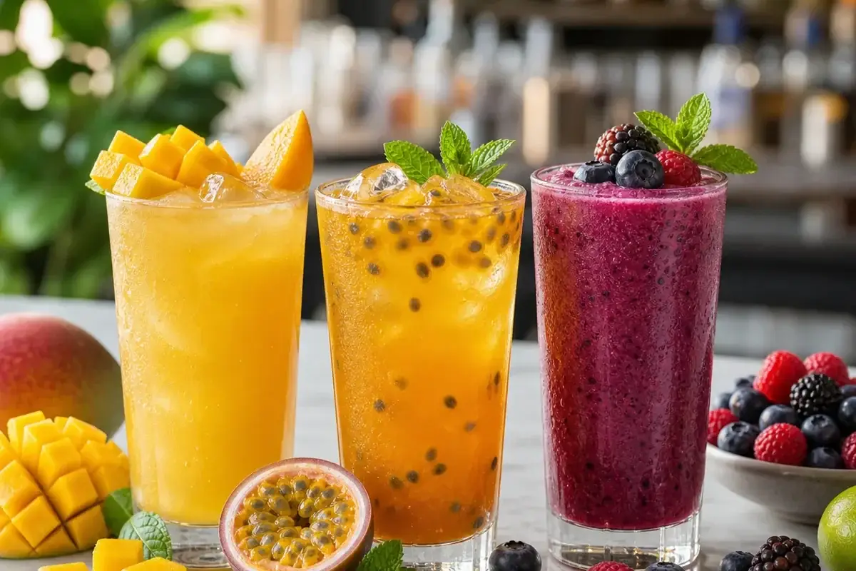 Pulpa para cocteleria de verano Pulpamia en bebidas de mango maracuya y frutos rojos