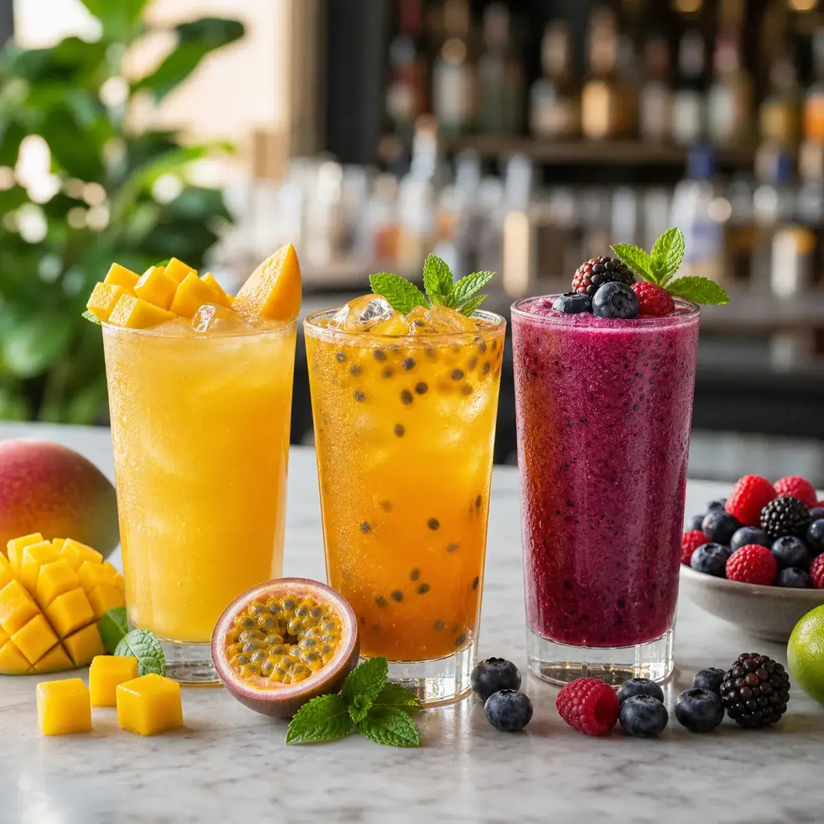 Pulpa para cocteleria de verano Pulpamia en bebidas de mango maracuya y frutos rojos
