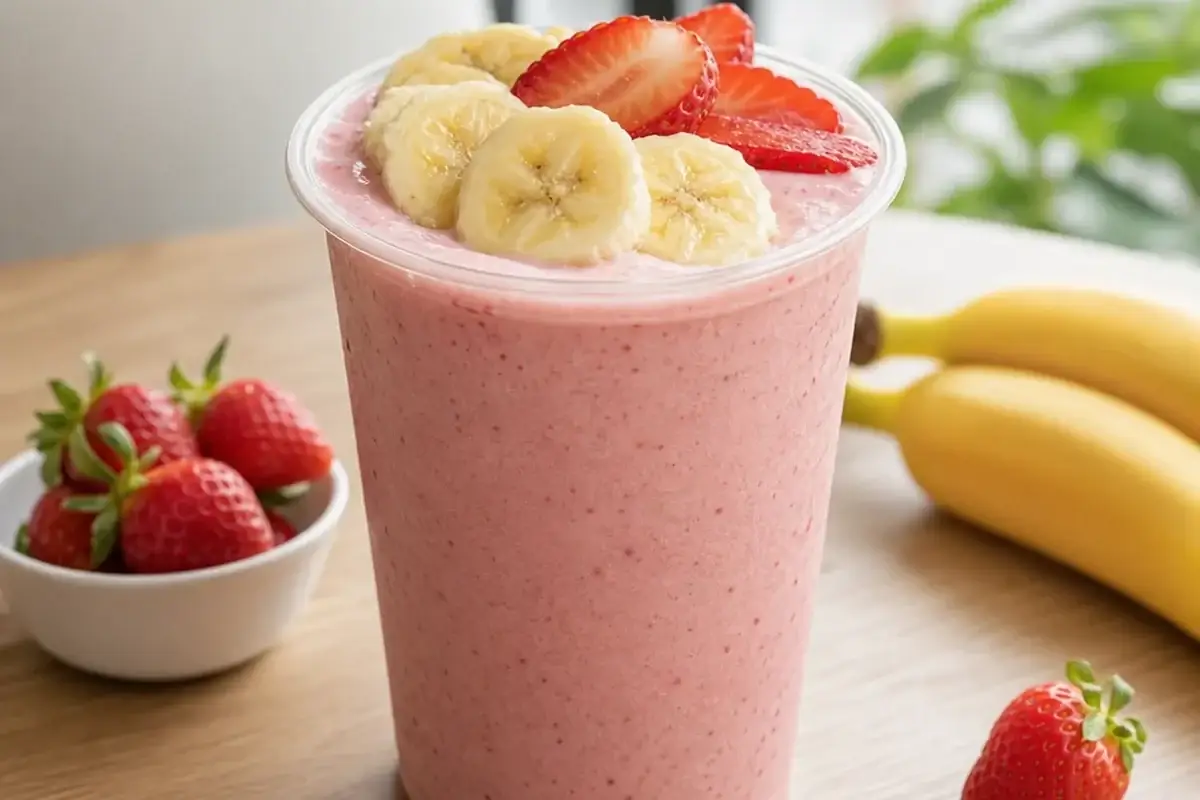 Smoothie de fresa y platano con pulpa Pulpamia servido en vaso de cafeteria