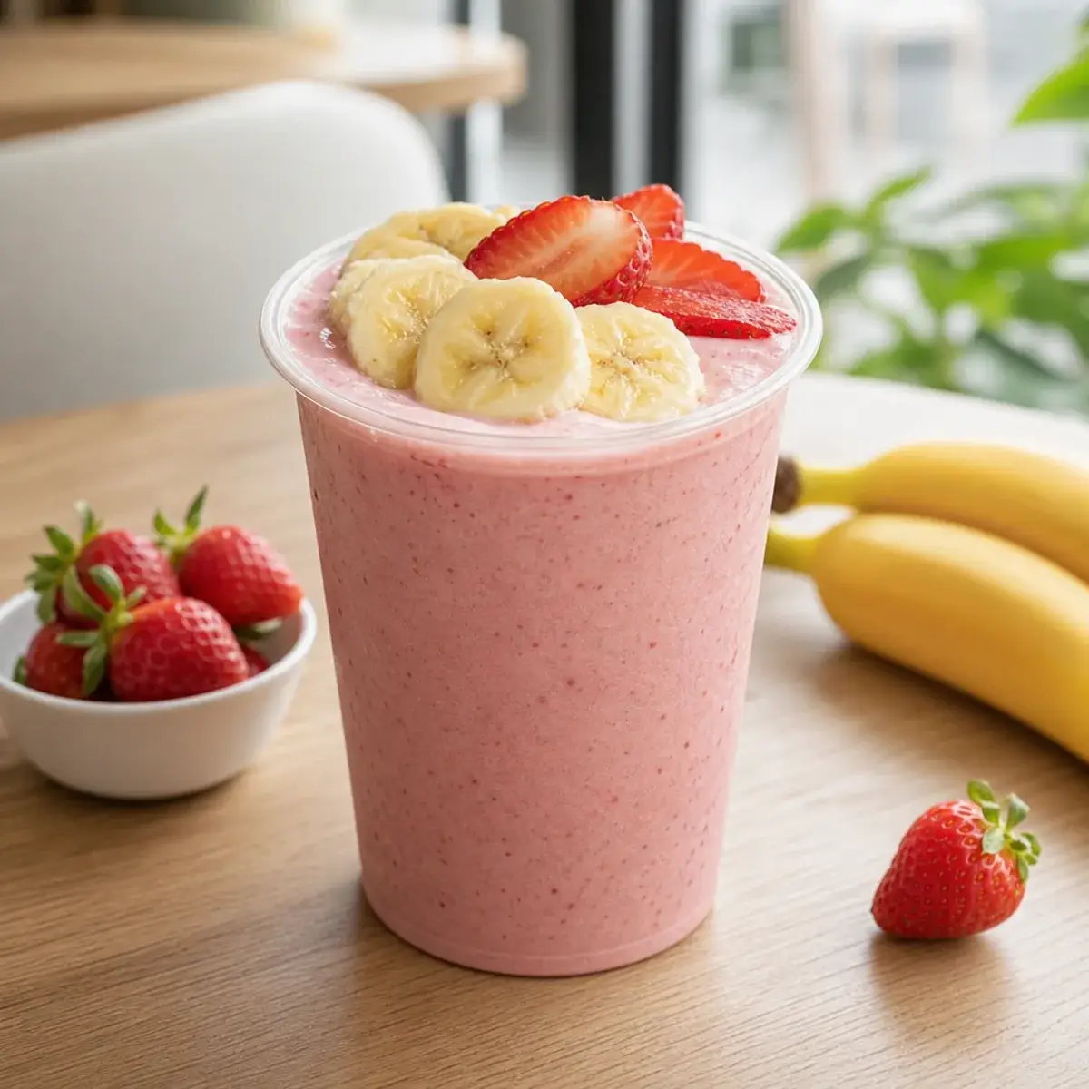 Smoothie de fresa y platano con pulpa Pulpamia servido en vaso de cafeteria