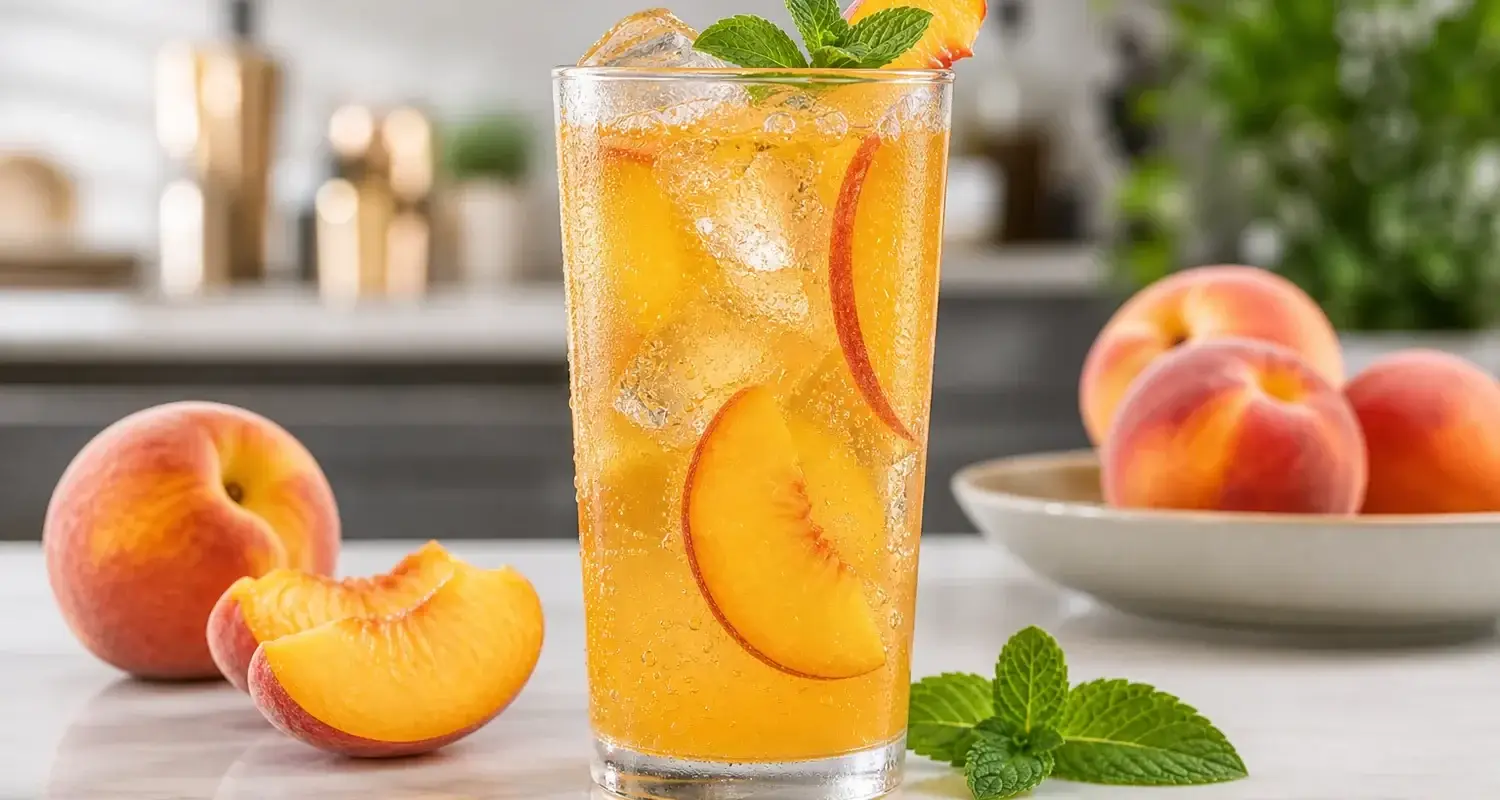 Soda de durazno con pulpa Pulpamia servida con hielo y durazno fresco