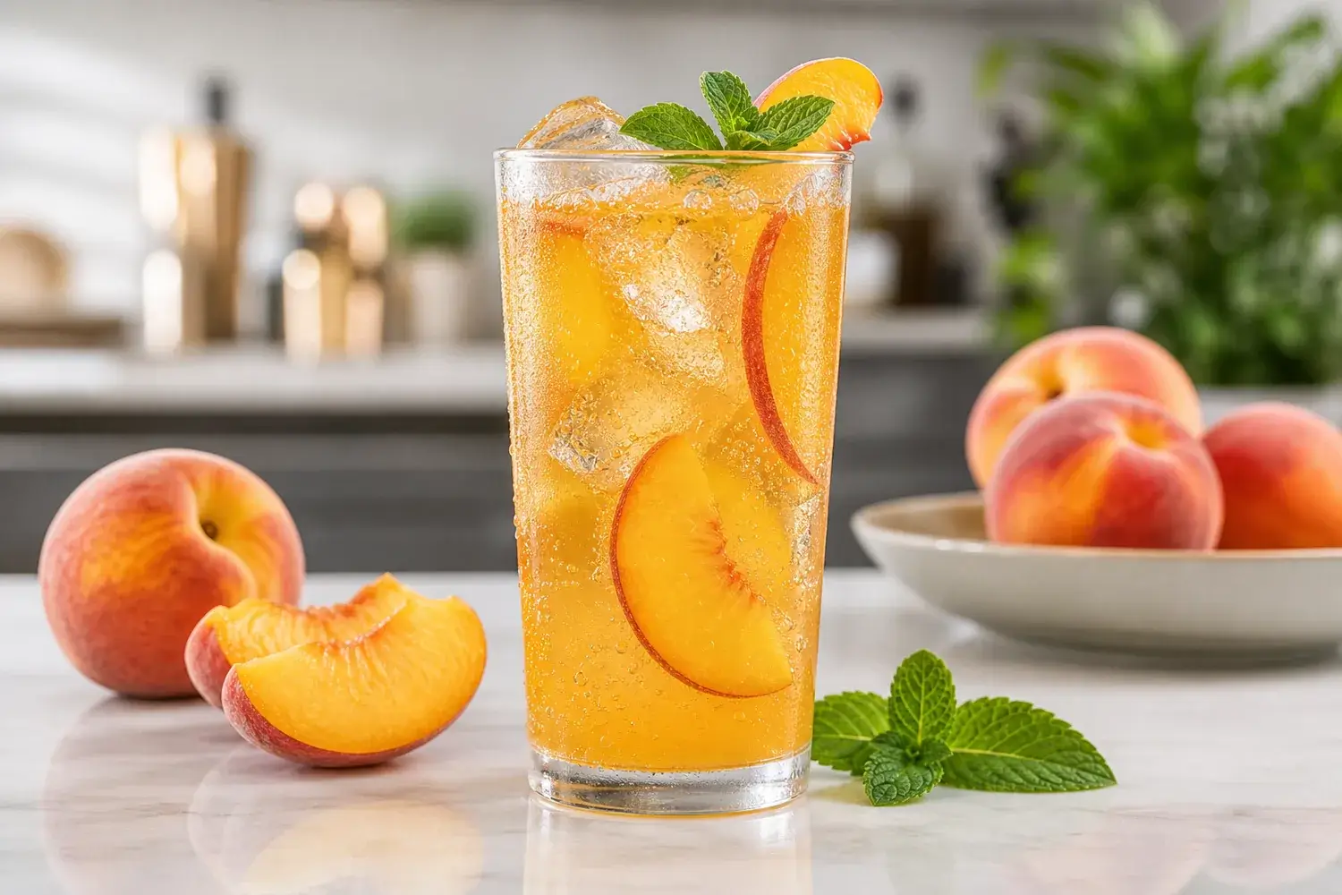 Soda de durazno con pulpa Pulpamia servida con hielo y durazno fresco