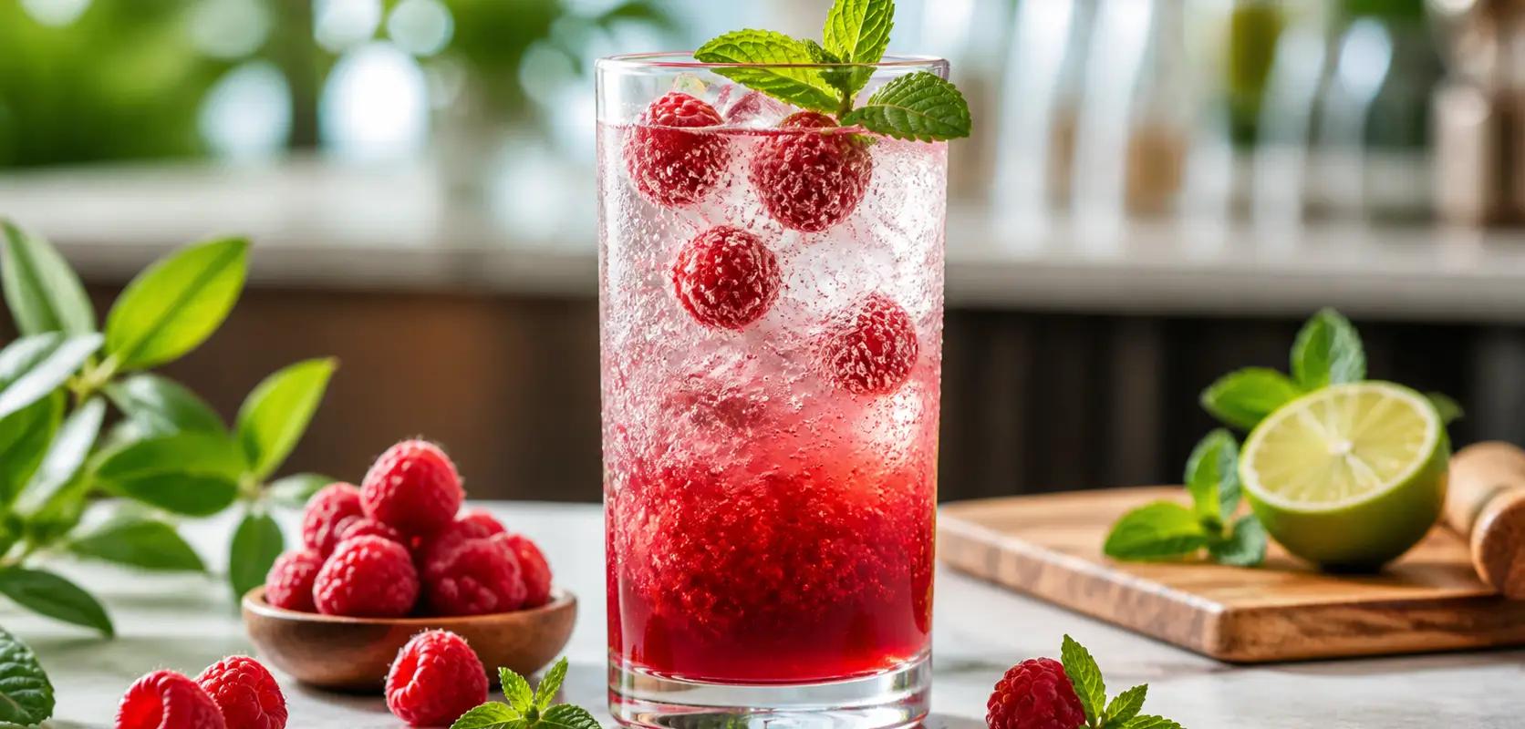 Soda frutal de frambuesa con pulpa Pulpamia servida con hielo y frambuesas