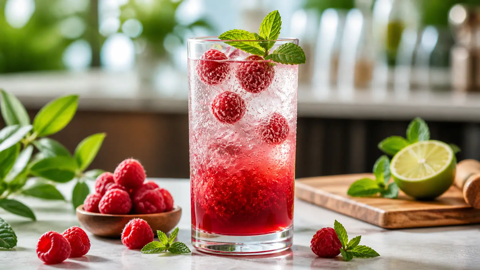 Soda frutal de frambuesa con pulpa Pulpamia servida con hielo y frambuesas
