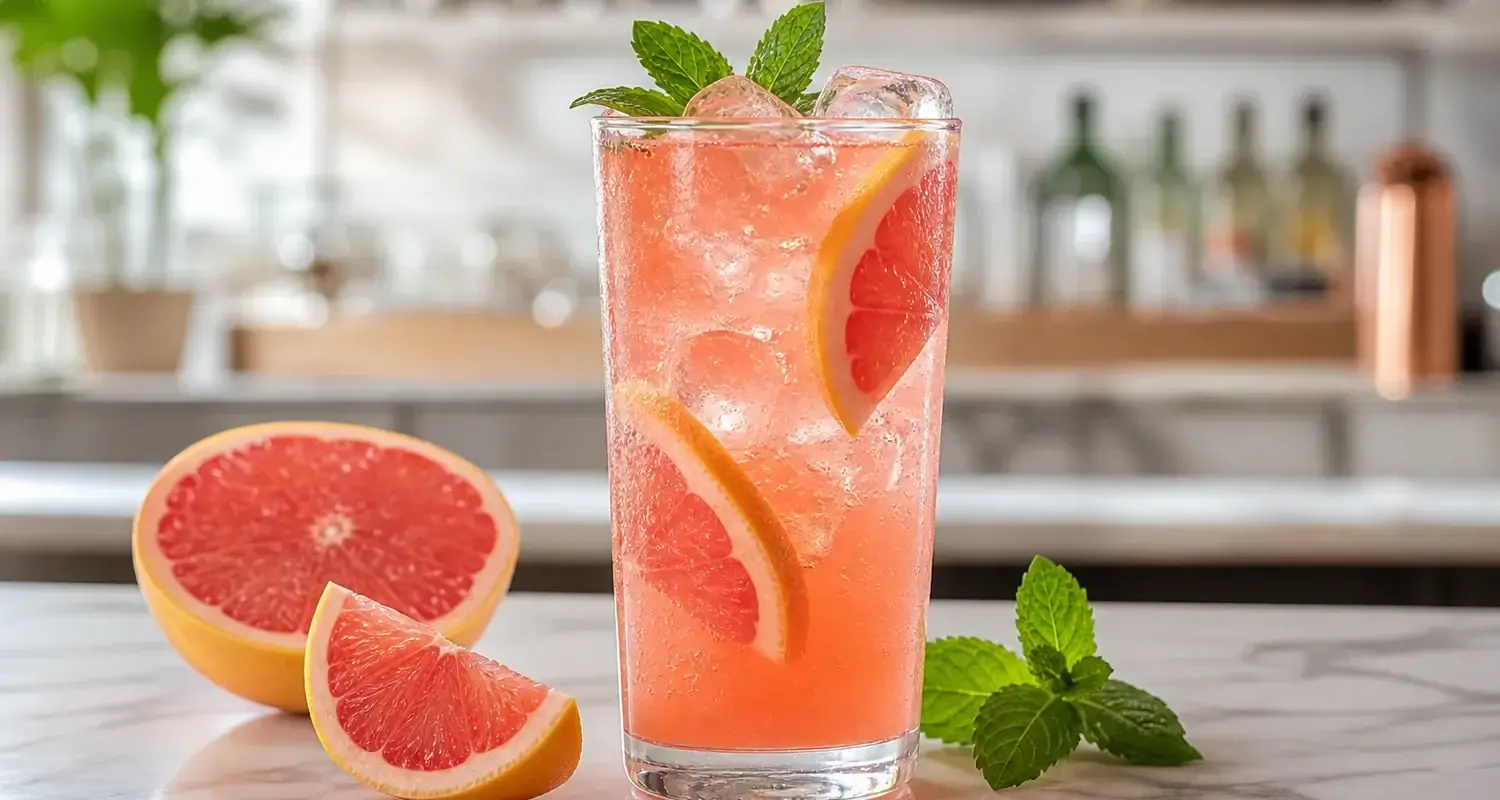 Soda de toronja con pulpa Pulpamia servida con hielo y toronja fresca