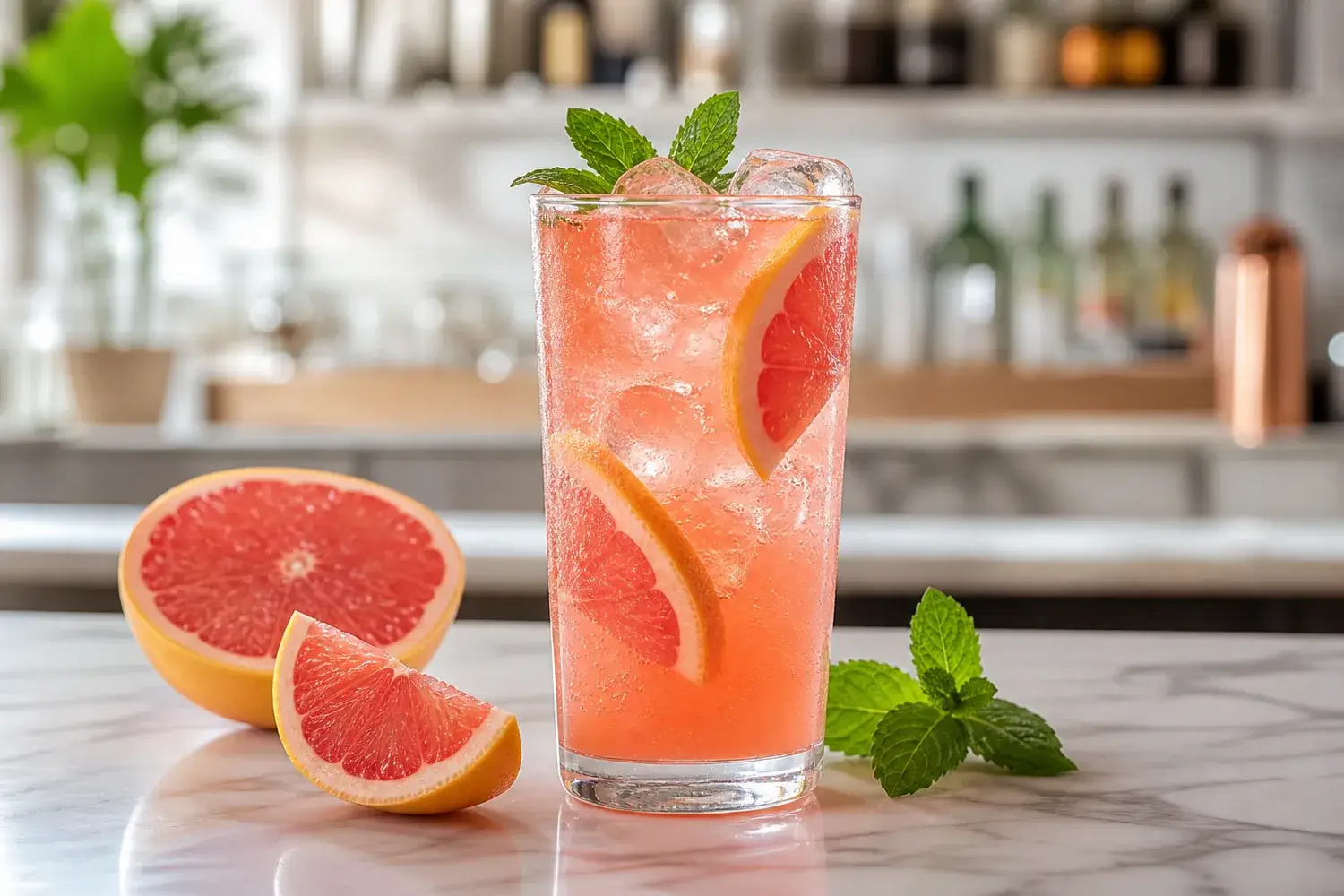 Soda de toronja con pulpa Pulpamia servida con hielo y toronja fresca