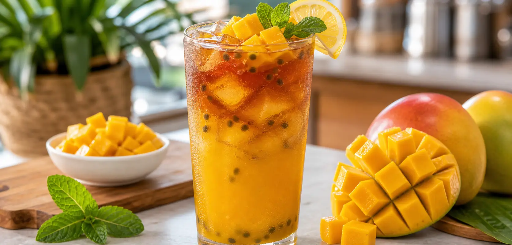 Te frio de mango con pulpa Pulpamia servido con hielo y mango