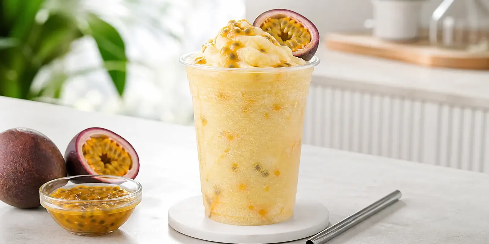 Frappe de maracuya con pulpa Pulpamia para cafeterias