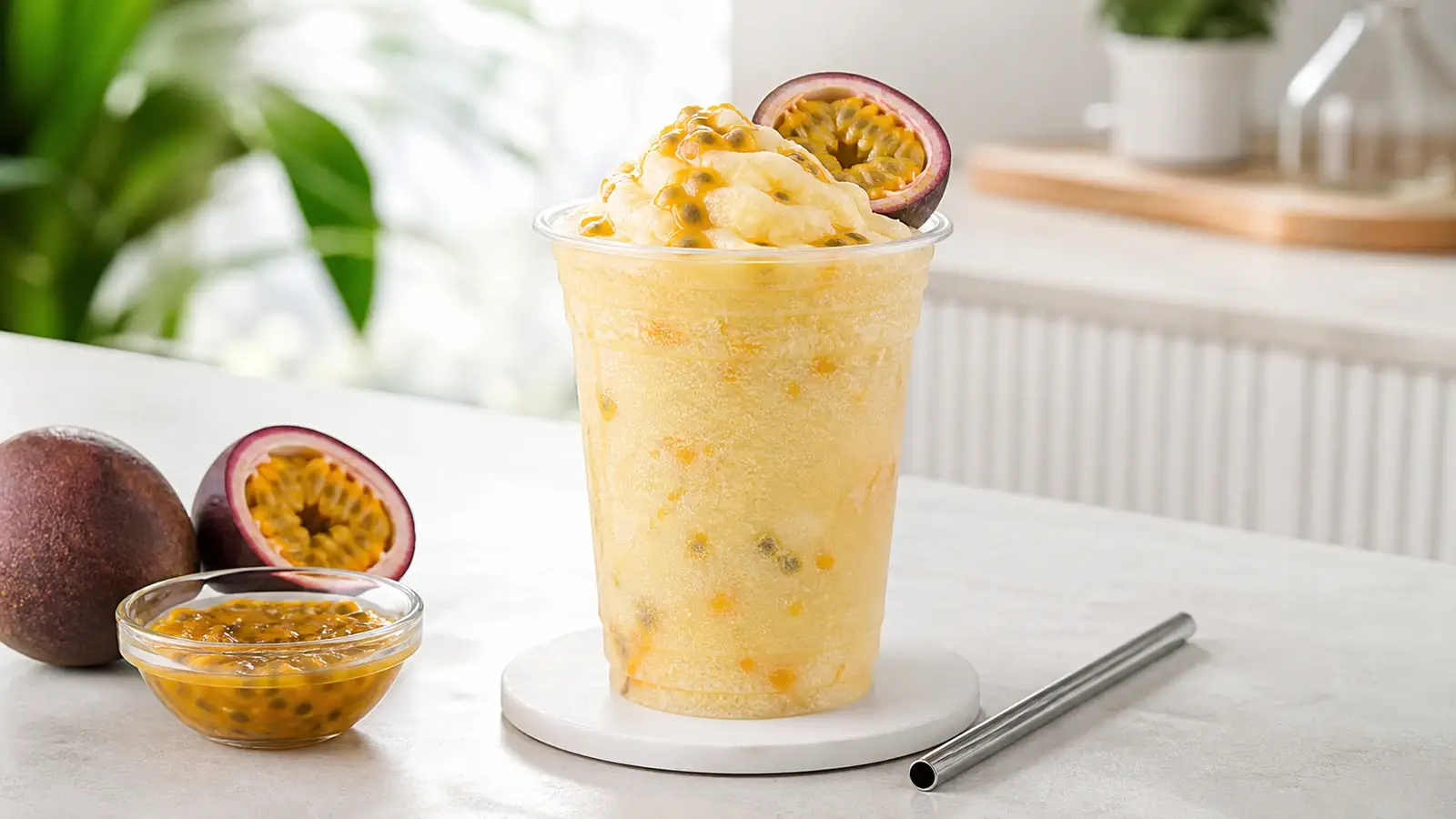 Frappe de maracuya con pulpa Pulpamia para cafeterias