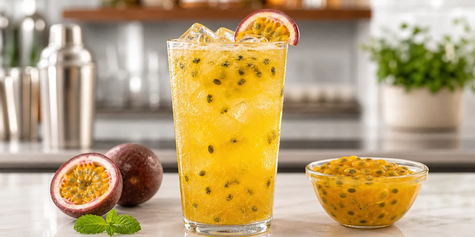 Soda de maracuyá con pulpa Pulpamia para cafeterías