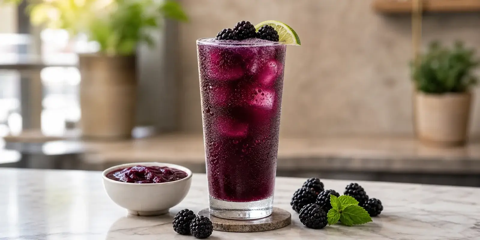 Soda de zarzamora con pulpa Pulpamia para cafeterias