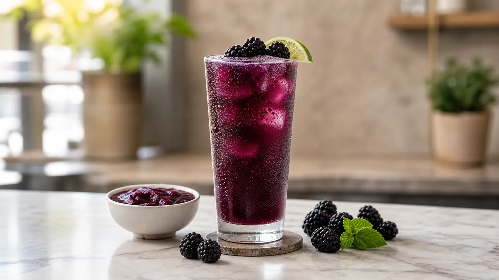 Soda de zarzamora con pulpa Pulpamia para cafeterias