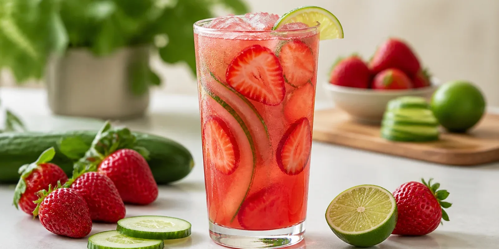 Agua fresca de fresa con pepino y pulpa Pulpamia para restaurantes