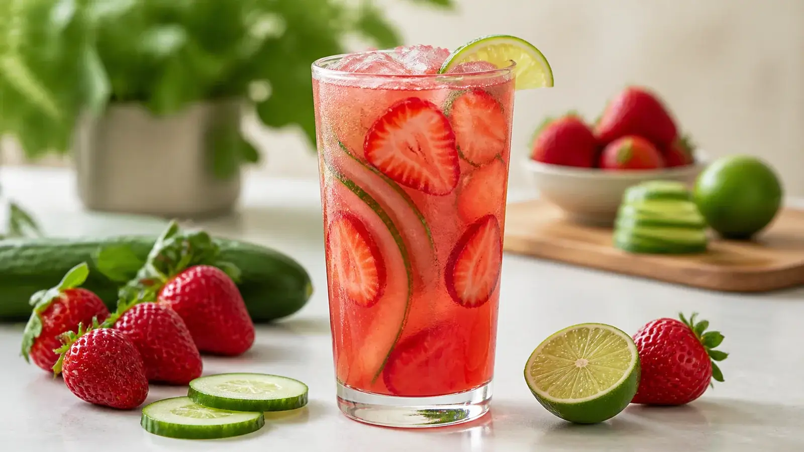 Agua fresca de fresa con pepino y pulpa Pulpamia para restaurantes