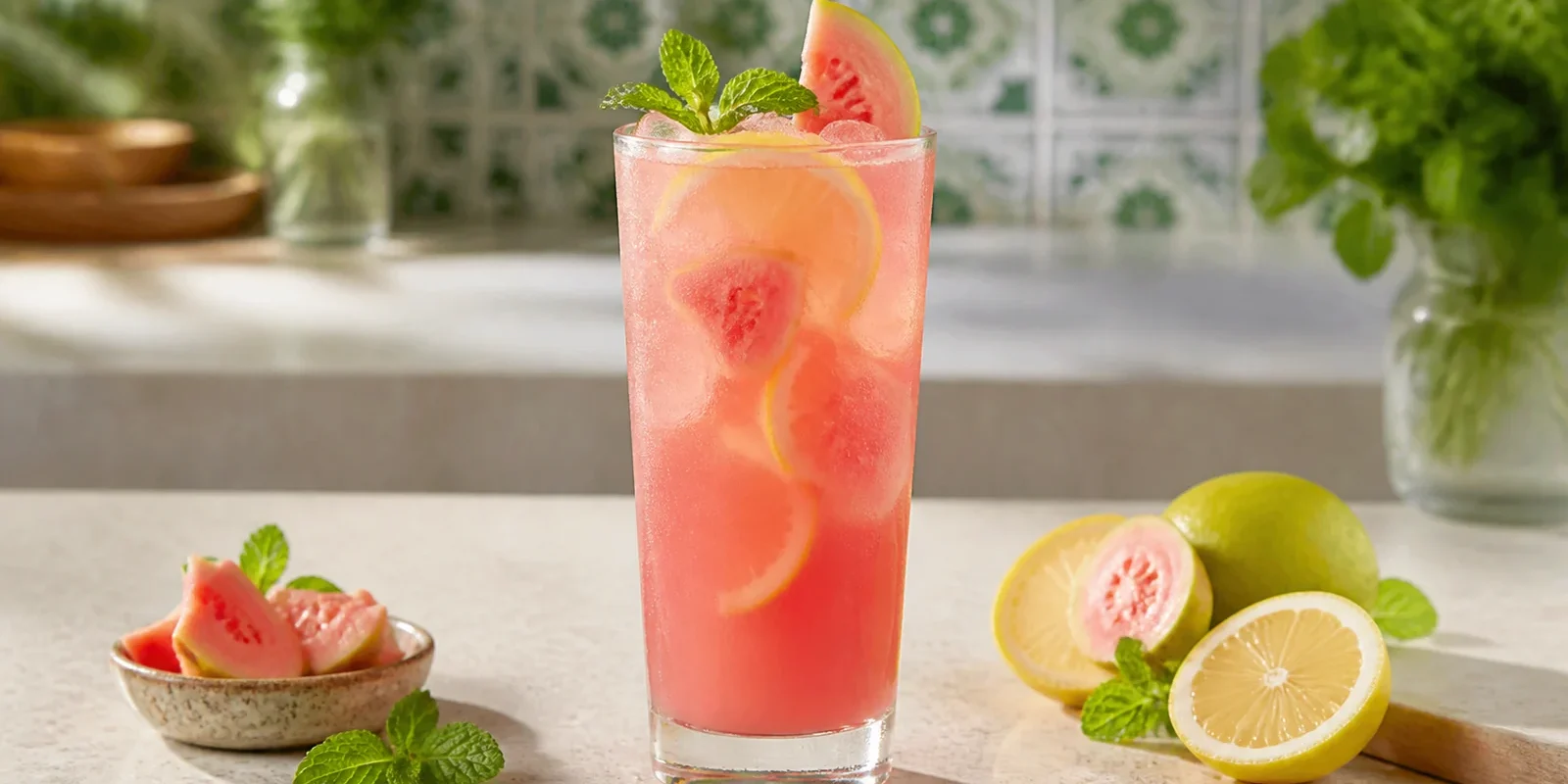 Agua fresca de guayaba rosa con limon y pulpa Pulpamia para restaurantes