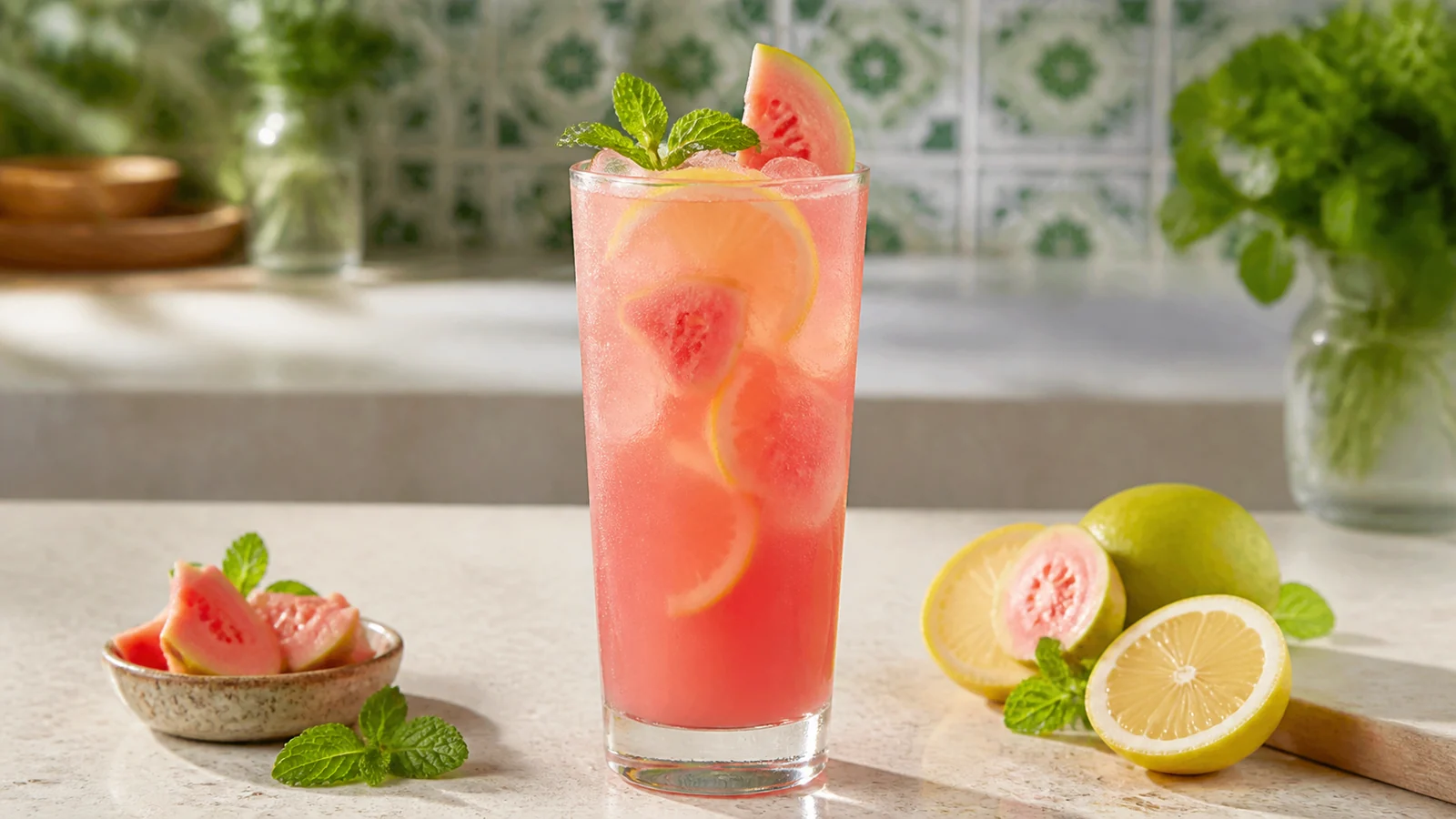 Agua fresca de guayaba rosa con limón preparada con pulpa de fruta Pulpamía