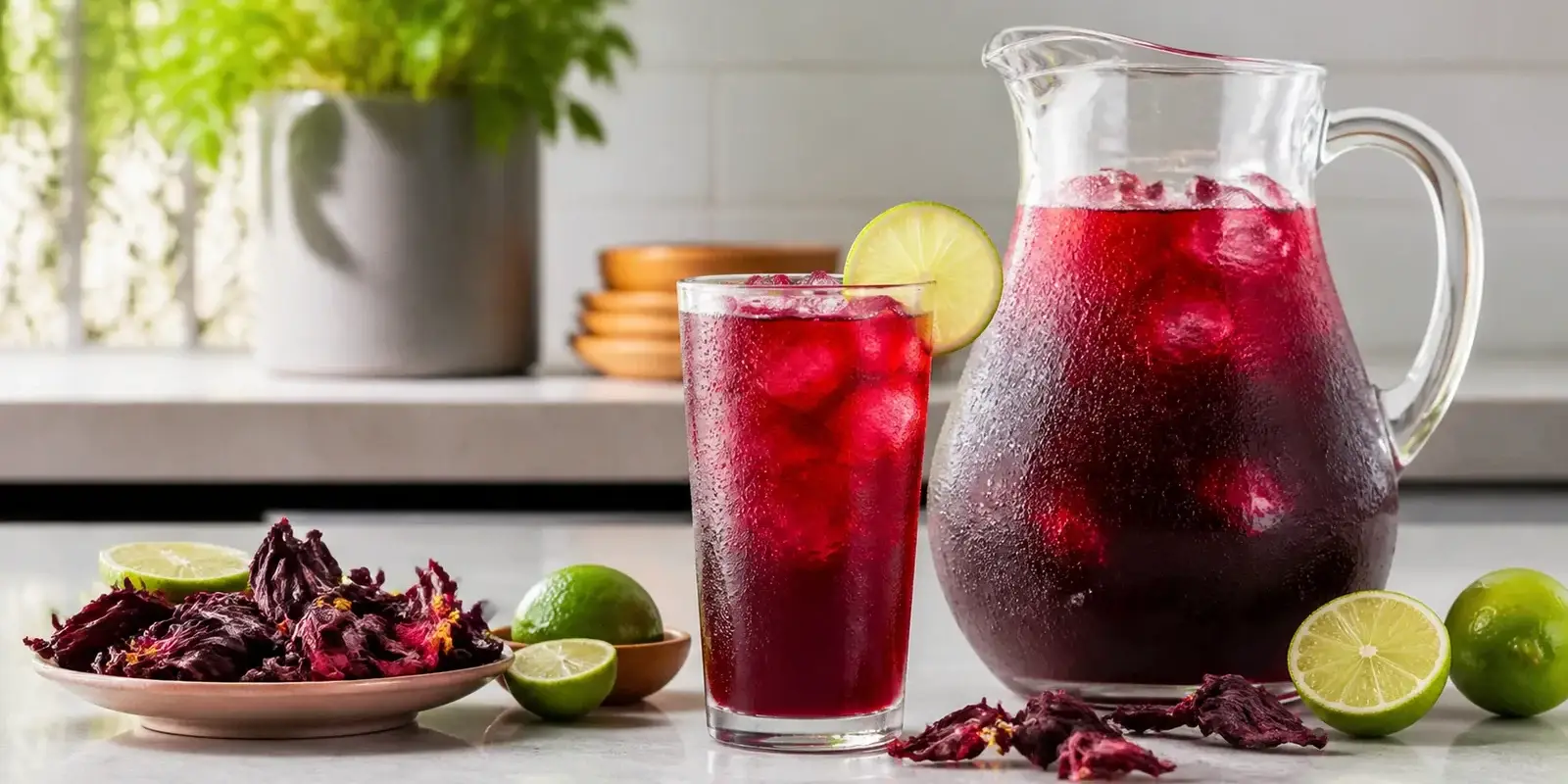 Agua fresca de jamaica con limon y pulpa Pulpamia para restaurantes