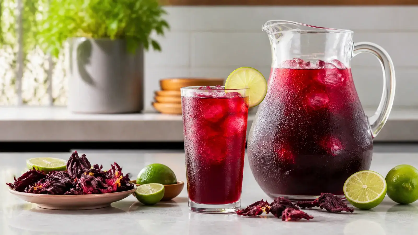 Agua fresca de jamaica con limón y pulpa preparada con pulpa de fruta Pulpamía