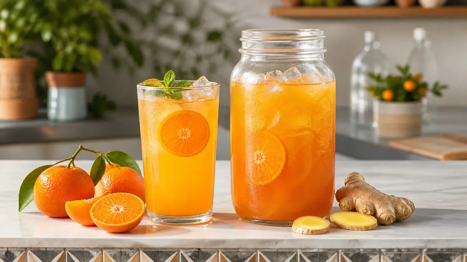Agua fresca de mandarina con jengibre preparada con pulpa de fruta Pulpamía