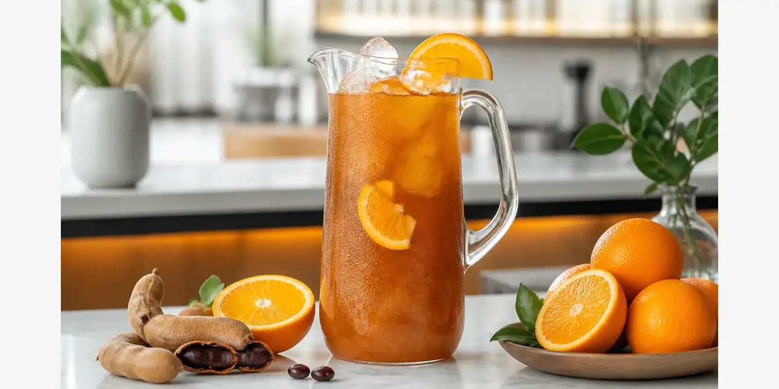 Agua fresca de tamarindo con naranja y pulpa Pulpamia para restaurantes