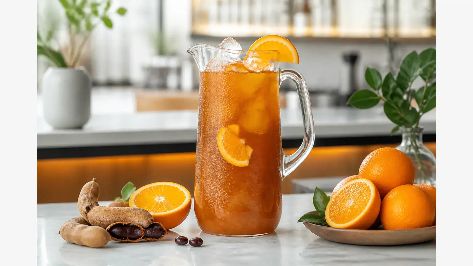 Agua fresca de tamarindo con naranja y pulpa Pulpamia para restaurantes