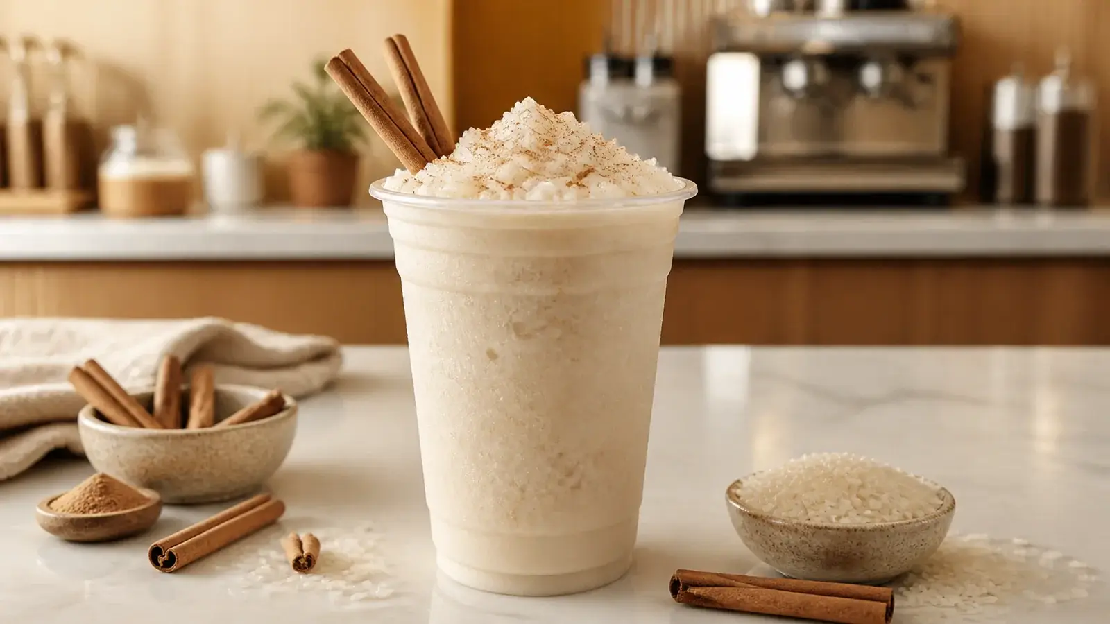 Frappé de horchata con canela y pulpa preparada con pulpa de fruta Pulpamía