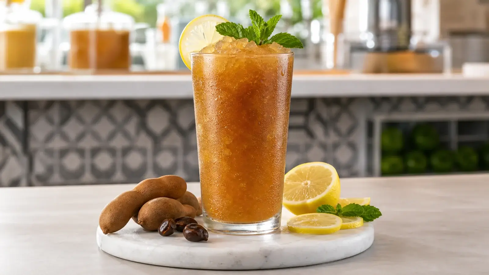 Granizado de tamarindo con limón y pulpa preparada con pulpa de fruta Pulpamía