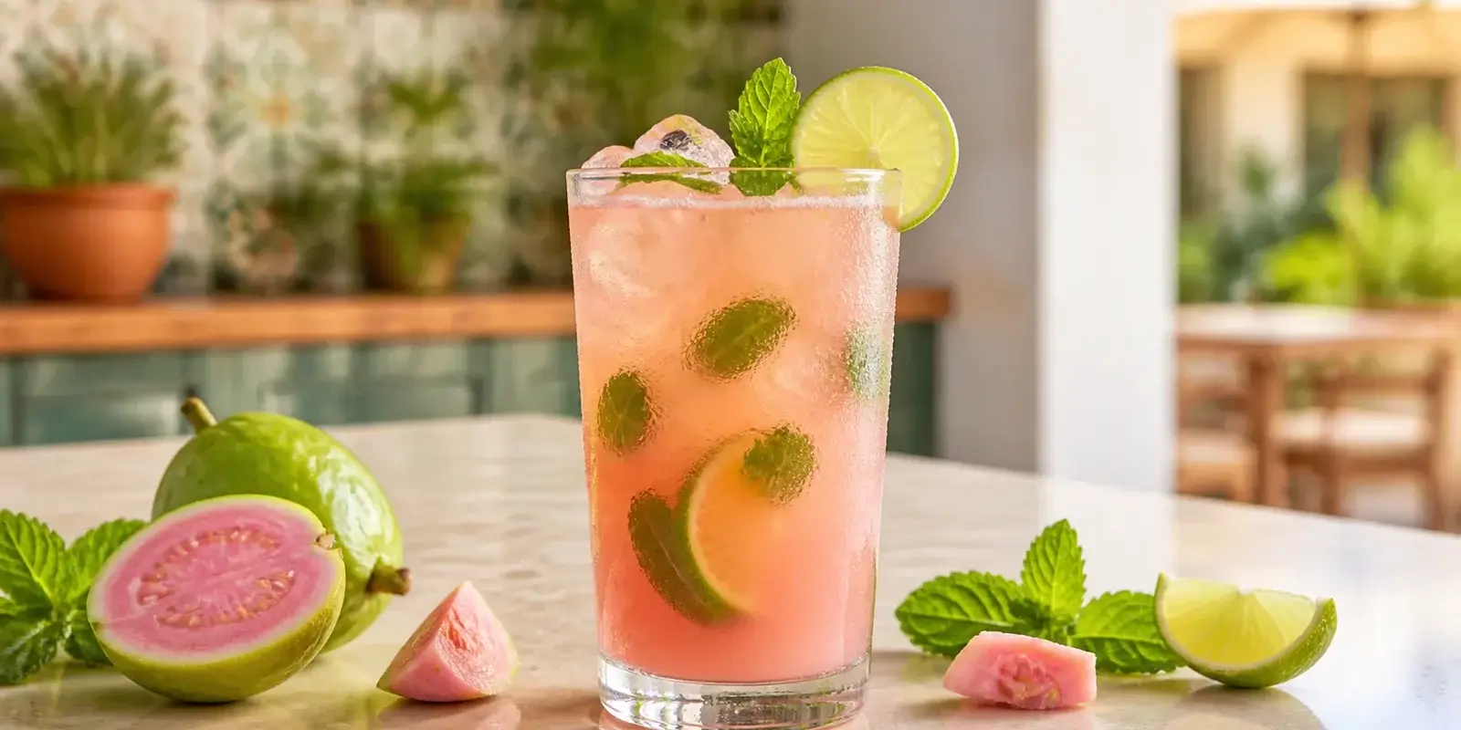 Limonada de guayaba rosa con hierbabuena y pulpa Pulpamia para cafeterias