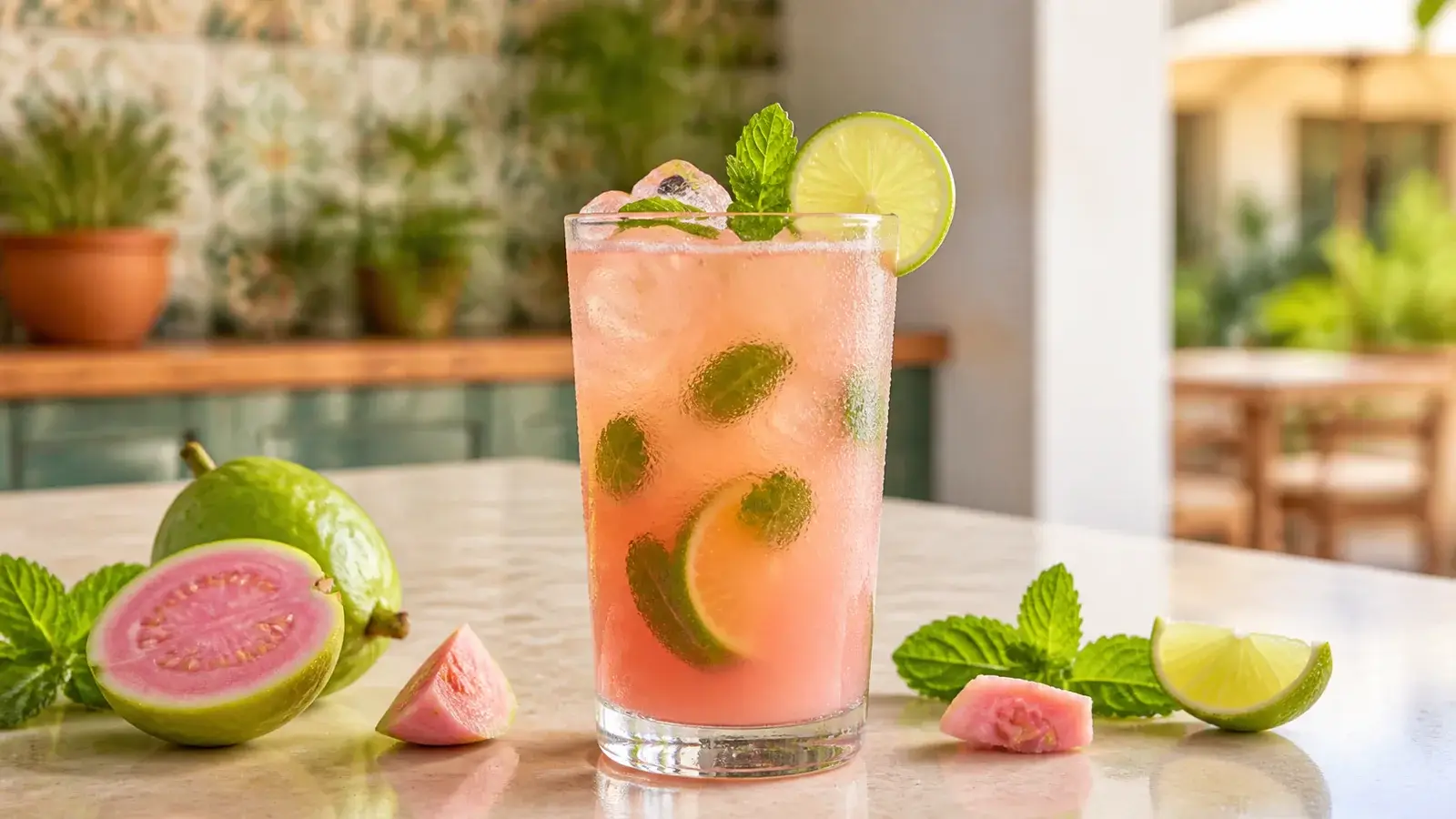 Limonada de guayaba rosa con hierbabuena y pulpa Pulpamia para cafeterias