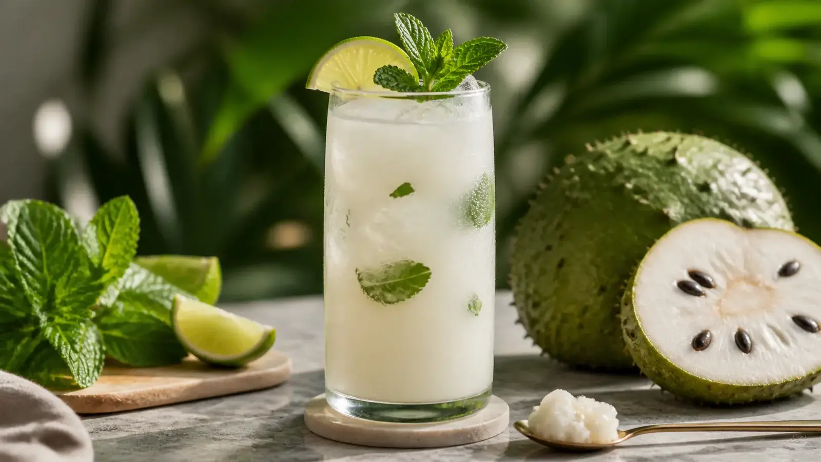 Mocktail de guanábana con hierbabuena preparada con pulpa de fruta Pulpamía