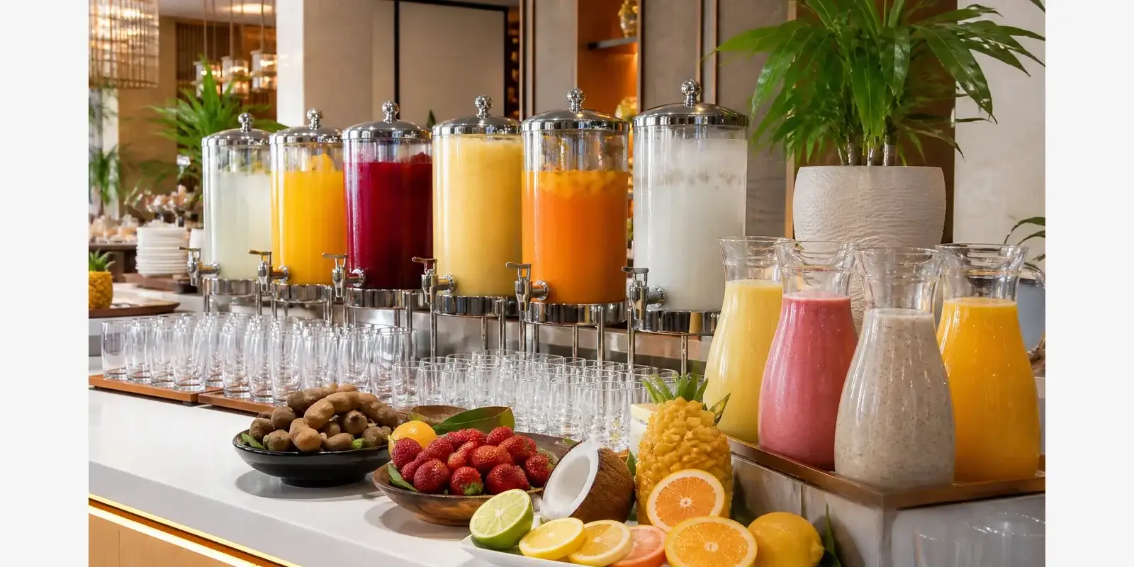 Pulpa para bebidas en buffet de hotel con aguas frescas Pulpamia
