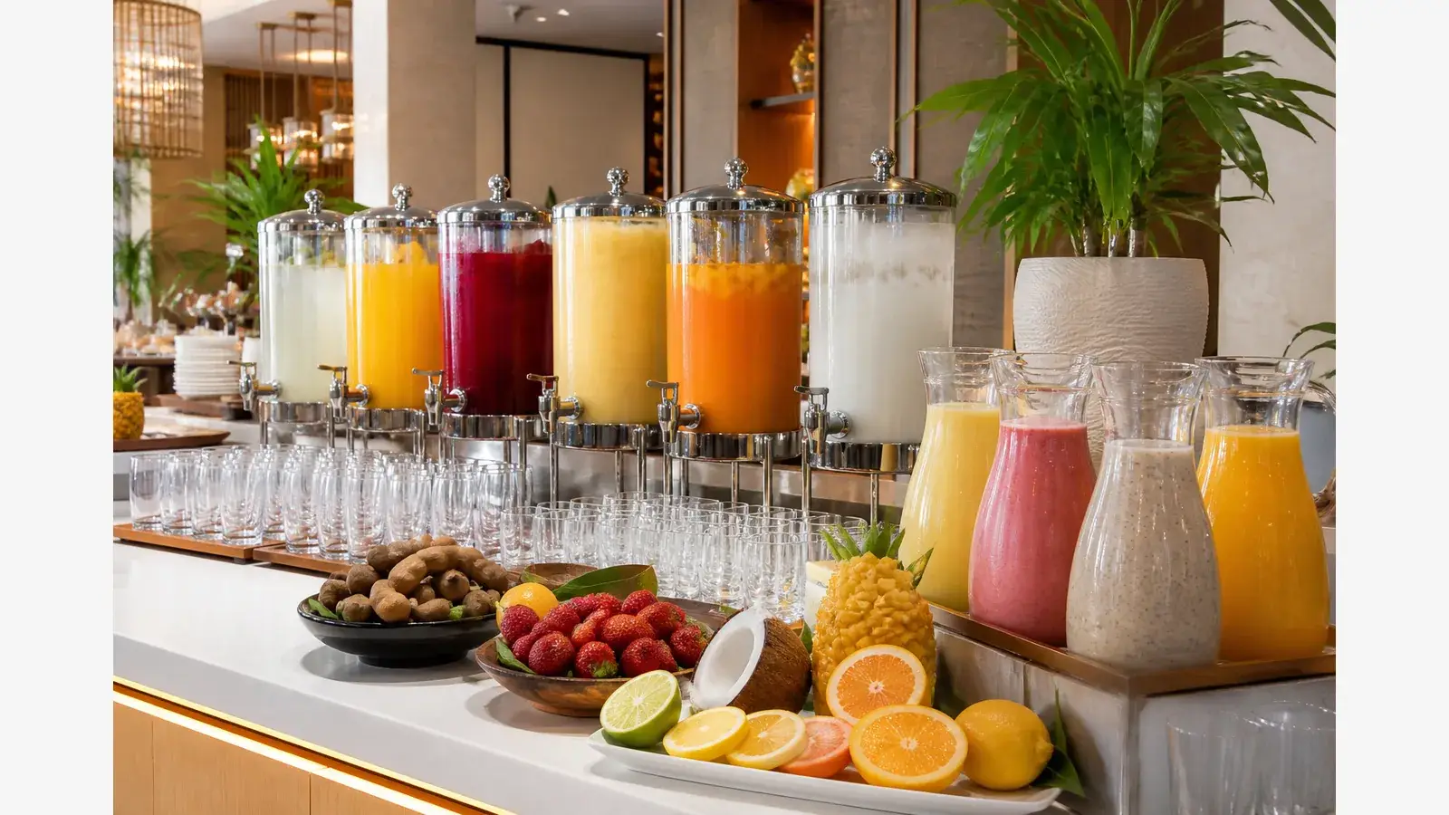 Pulpa para bebidas en buffet de hotel con aguas frescas Pulpamia