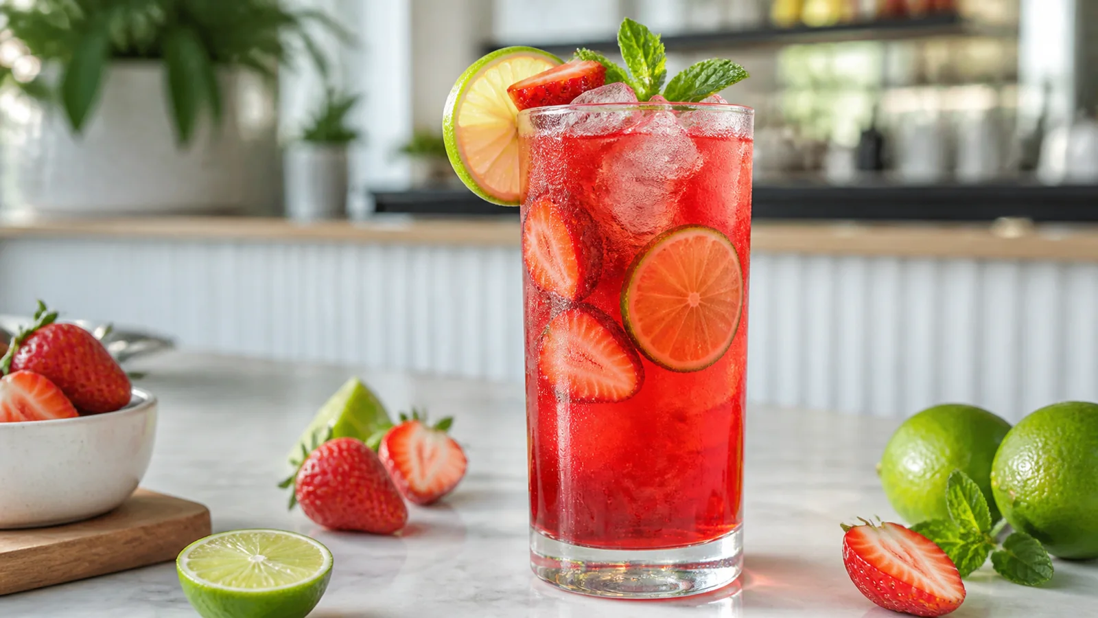 Refresher de fresa con limón y pulpa preparada con pulpa de fruta Pulpamía