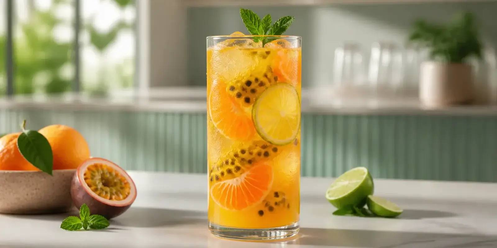 Refresher de mandarina con maracuya y pulpa Pulpamia para cafeterias