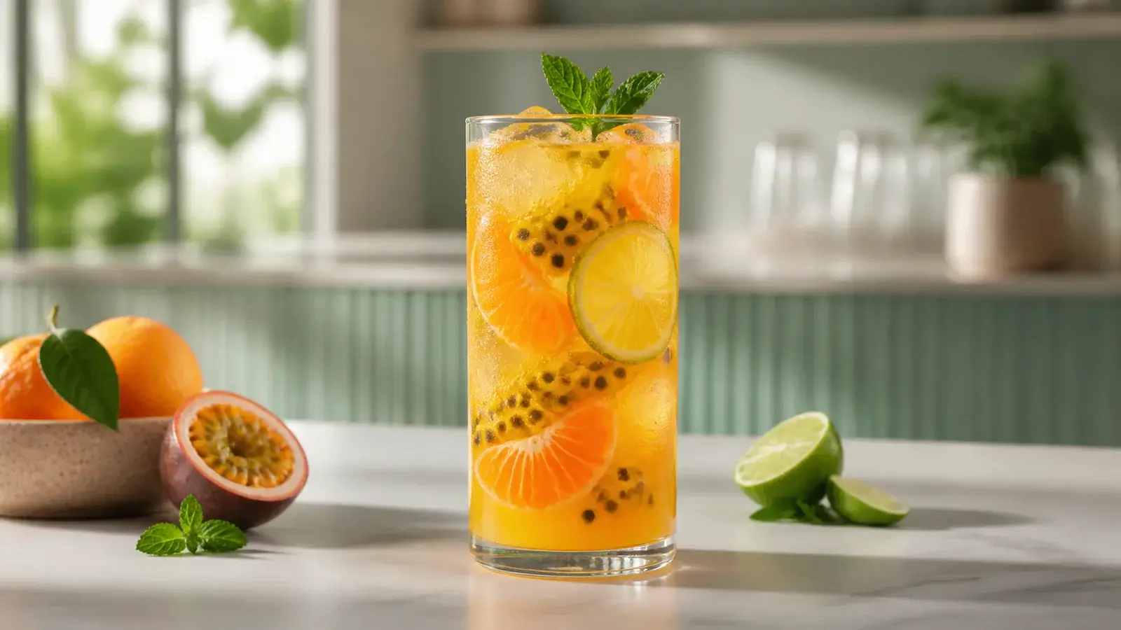 Refresher de mandarina con maracuya y pulpa Pulpamia para cafeterias