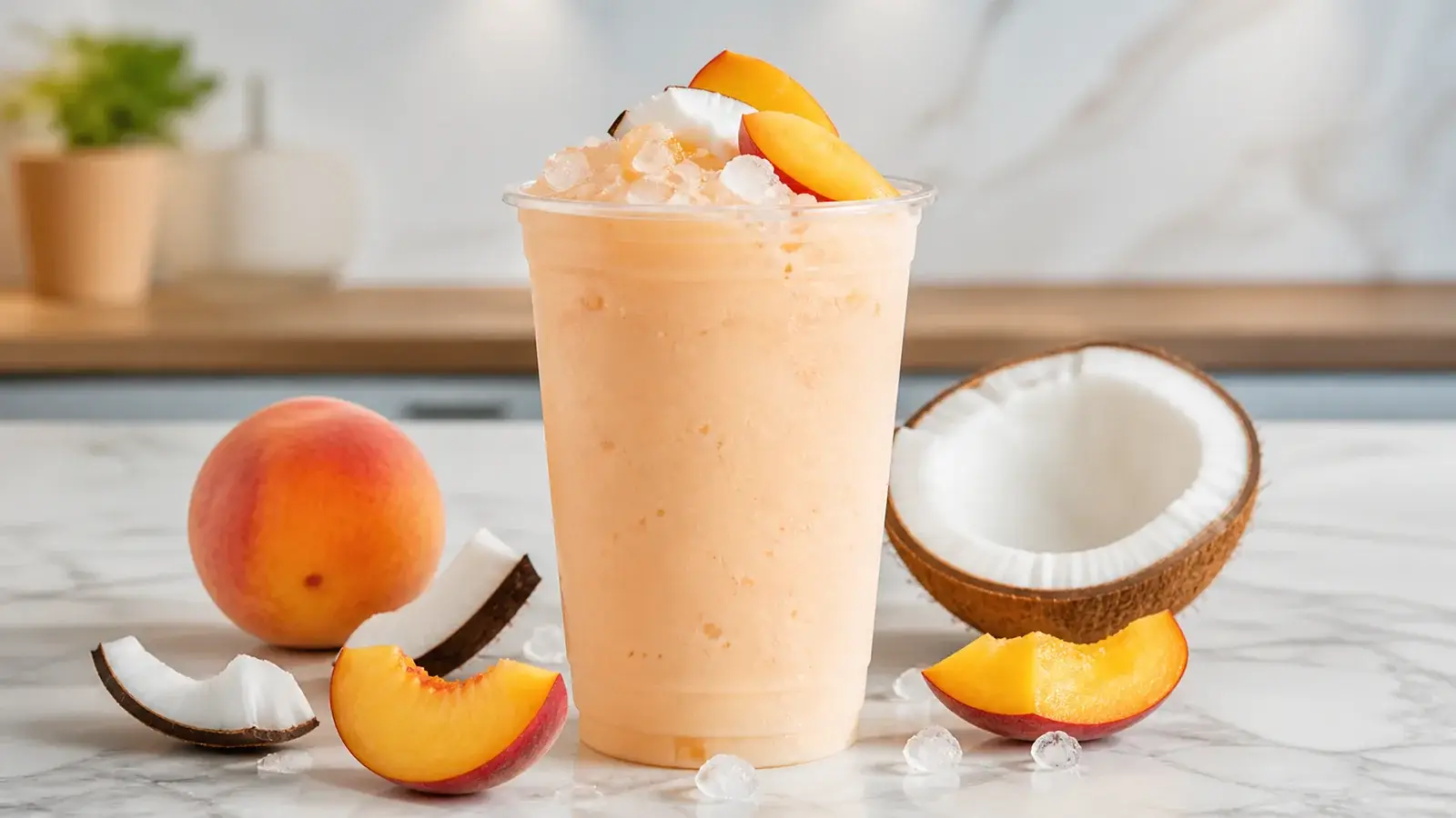 Smoothie de durazno con coco y pulpa preparada con pulpa de fruta Pulpamía