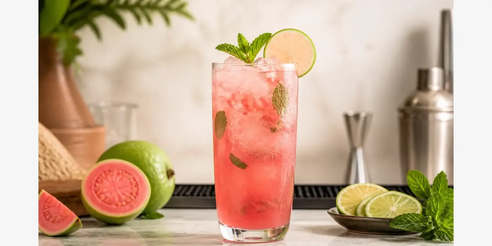 Soda de guayaba rosa con limon y pulpa Pulpamia para cafeterias