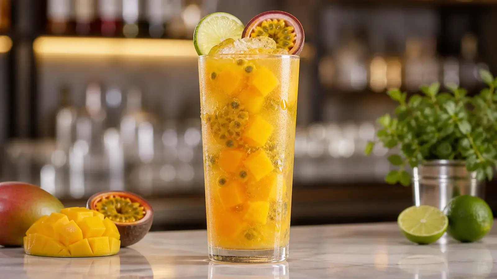 Soda de mango y maracuyá con pulpa preparada con pulpa de fruta Pulpamía