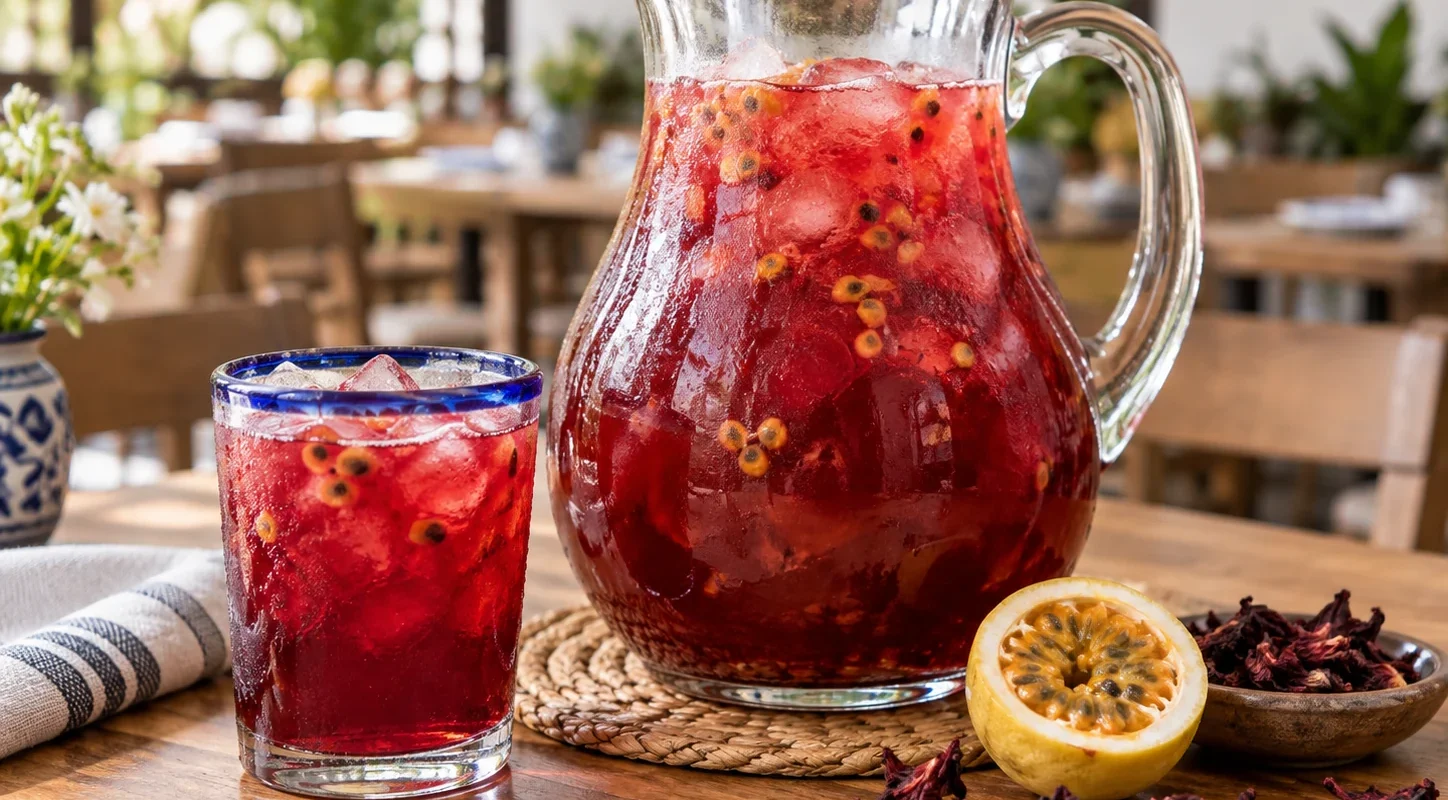 Agua fresca de maracuya con jamaica y pulpa Pulpamia para restaurantes