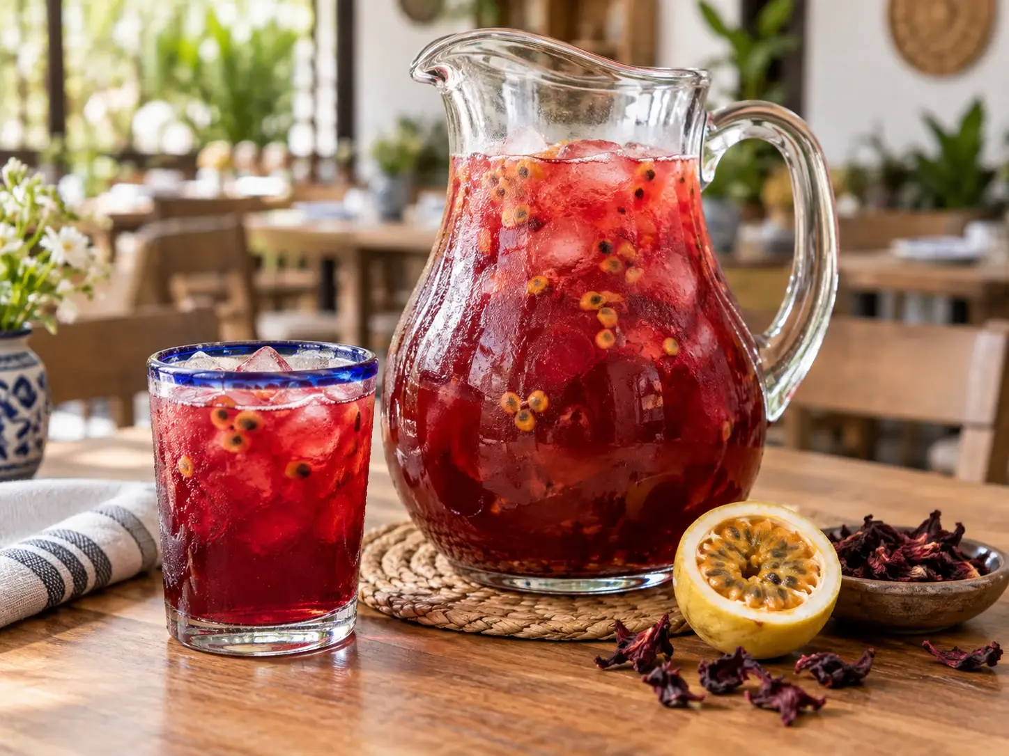 Agua fresca de maracuya con jamaica y pulpa Pulpamia para restaurantes