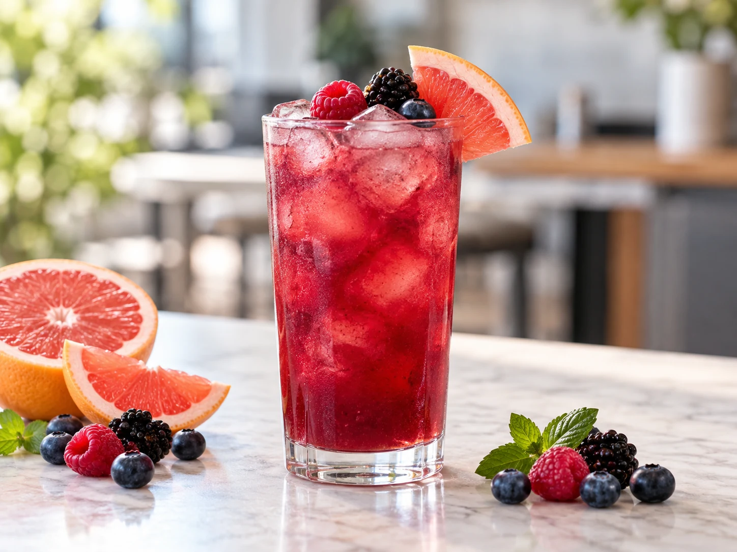 Agua fresca de mixberry con toronja y pulpa Pulpamia para restaurantes