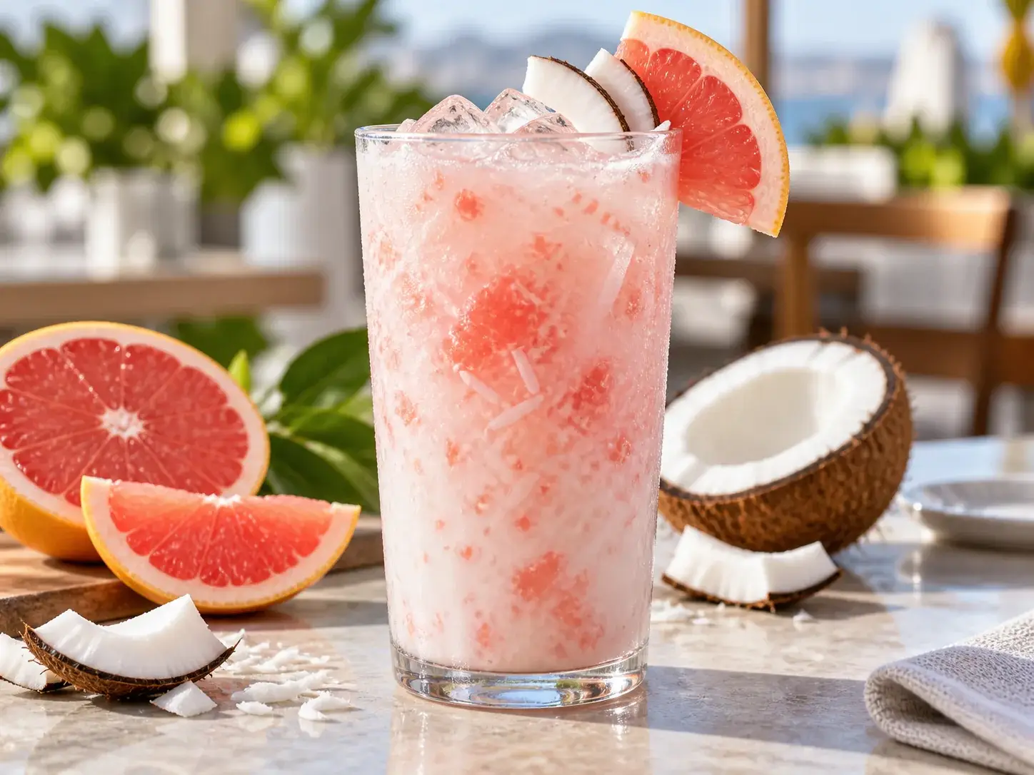 Agua fresca de toronja con coco y pulpa Pulpamia para restaurantes