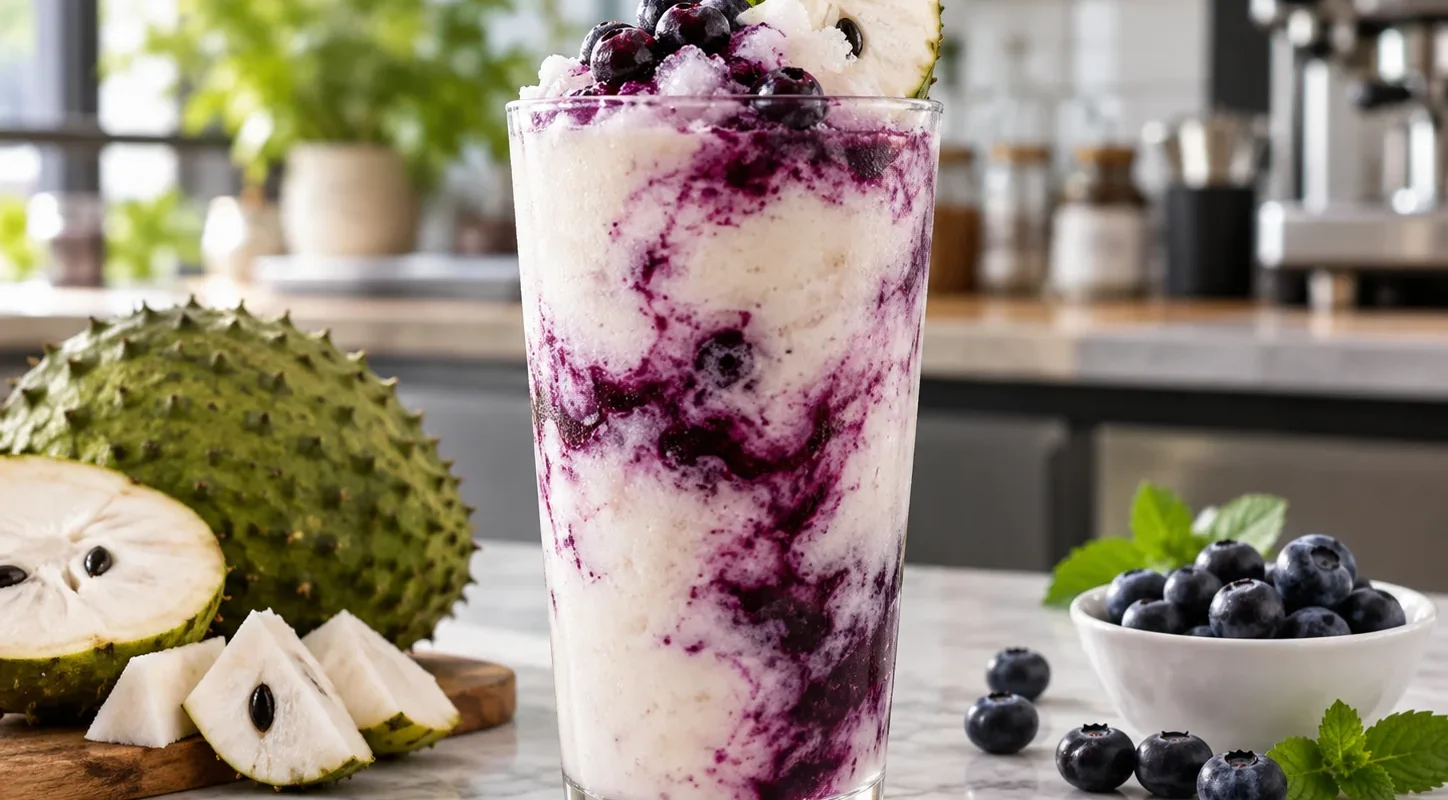 Frappe de guanabana con blueberry y pulpa Pulpamia para cafeterias