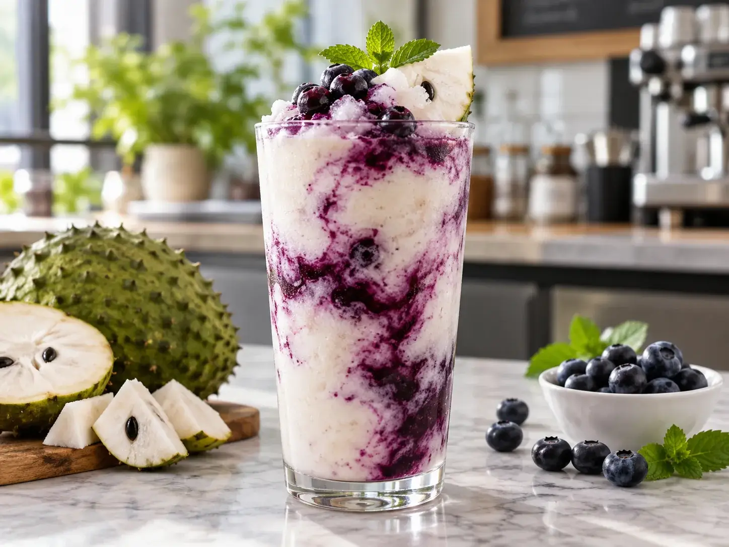 Frappe de guanabana con blueberry y pulpa Pulpamia para cafeterias