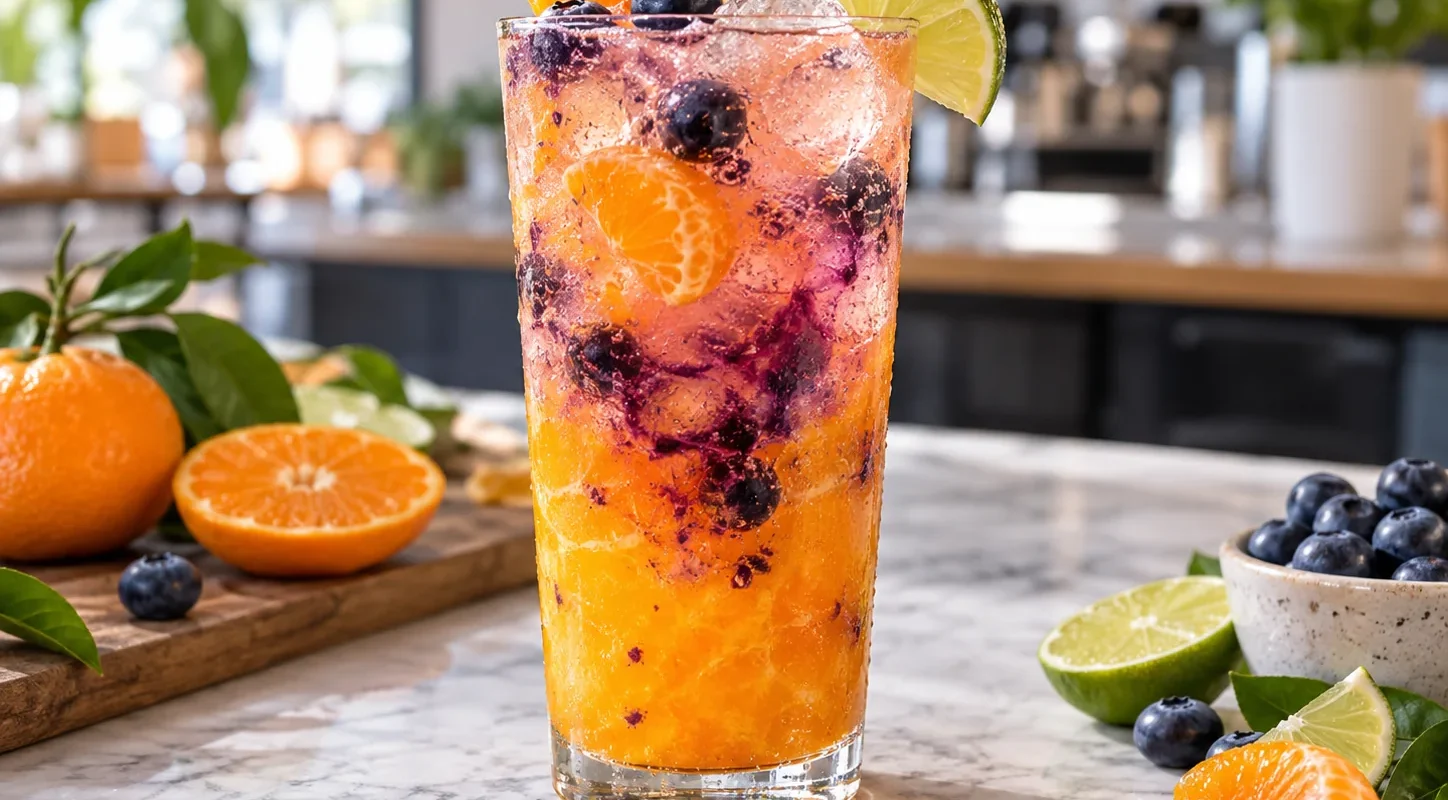 Limonada de mandarina con blueberry y pulpa Pulpamia para cafeterias