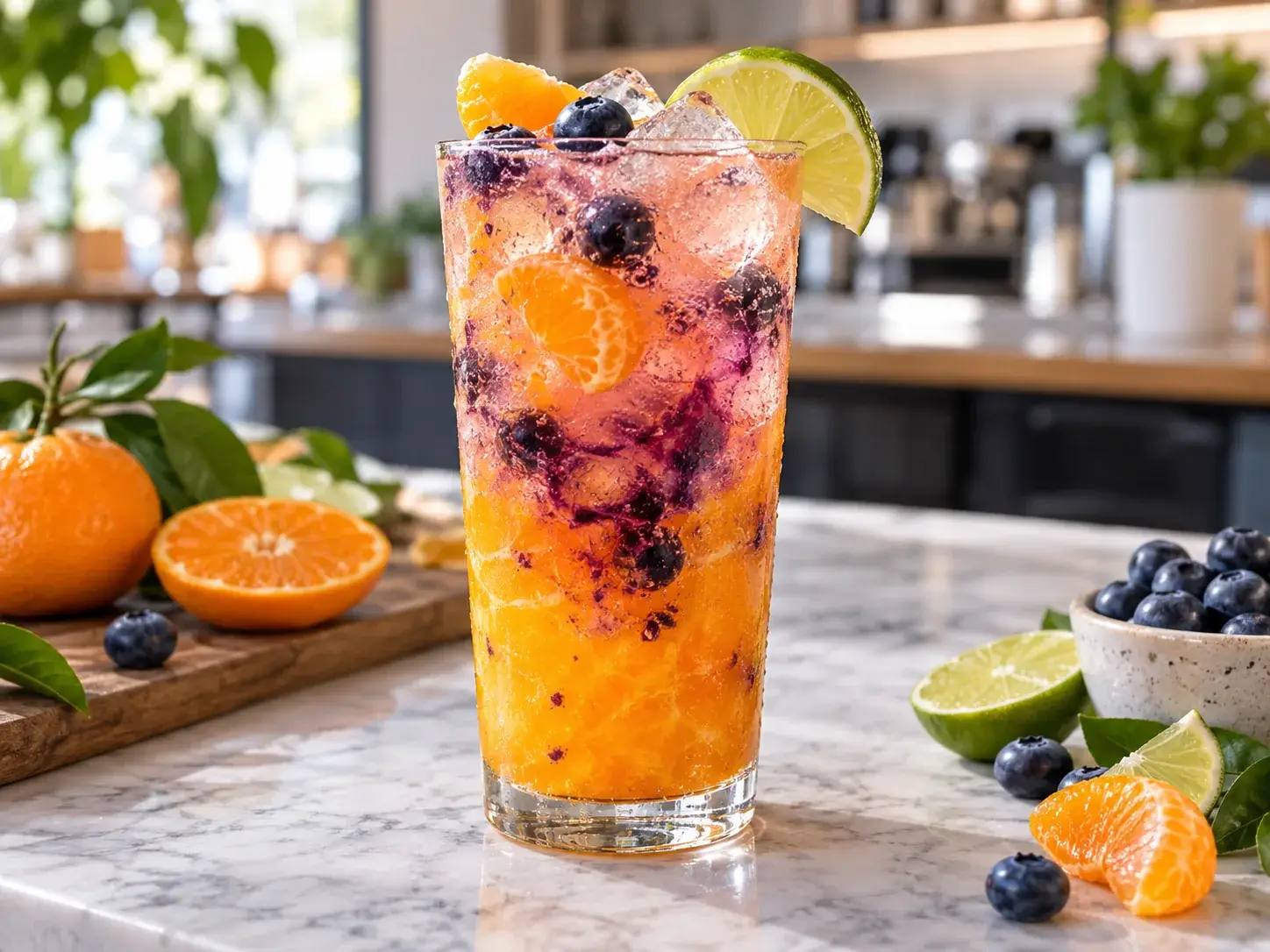 Limonada de mandarina con blueberry y pulpa Pulpamia para cafeterias