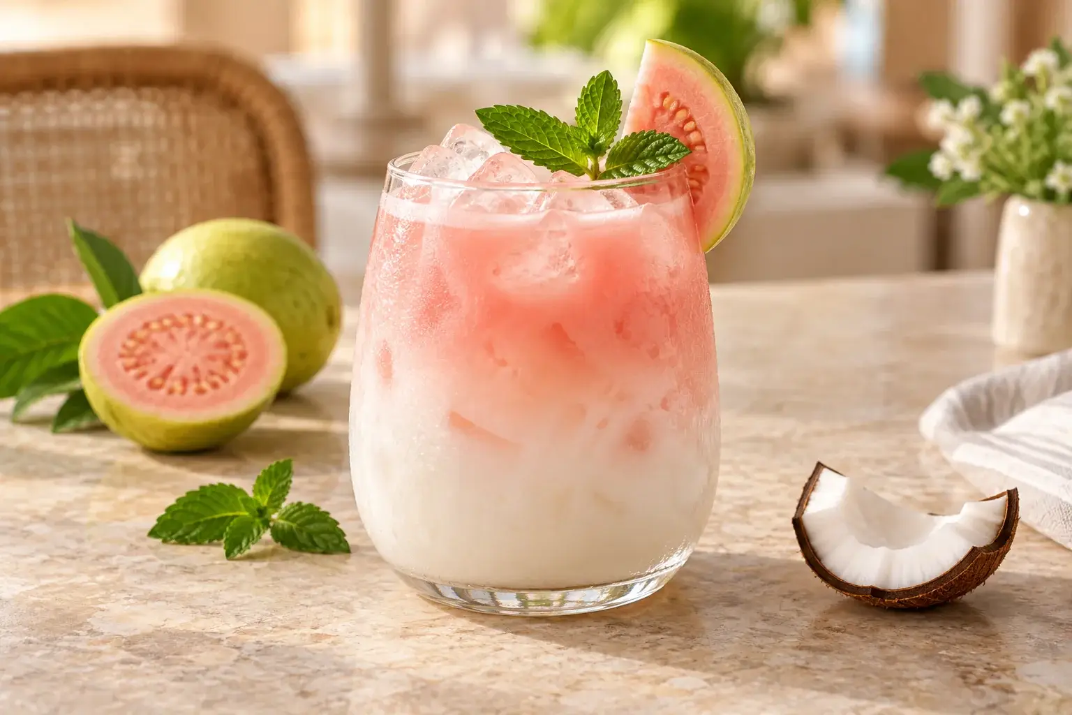 Mocktail de coco con guayaba rosa y pulpa Pulpamia para restaurantes